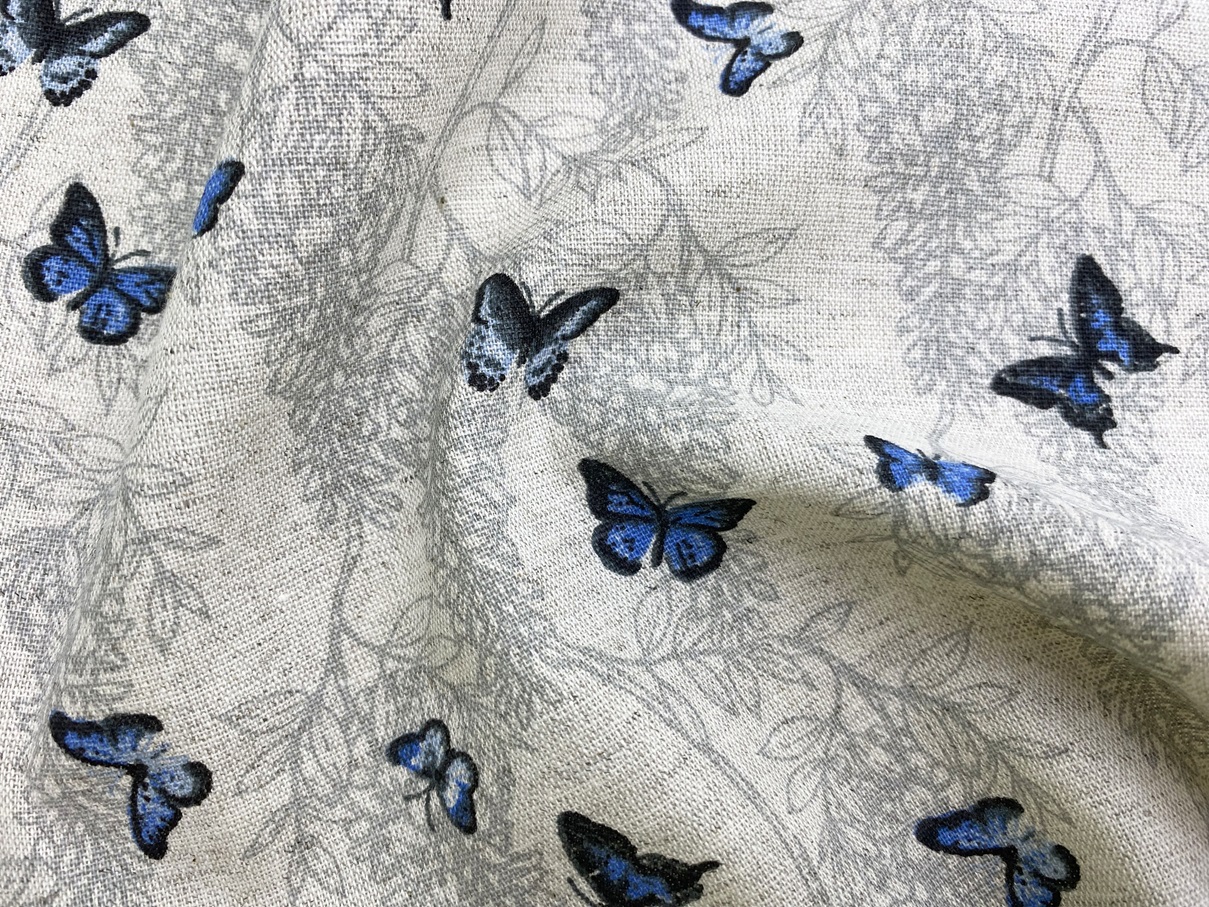 Ткань Лён   серого цвета с принтом  бабочки 20484 3